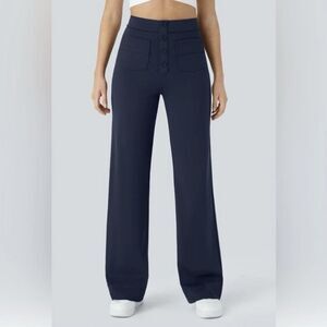 Halara Midnight Blue High Rise Wide Leg Pants Sz M Buttons Pockets Stretch NEW